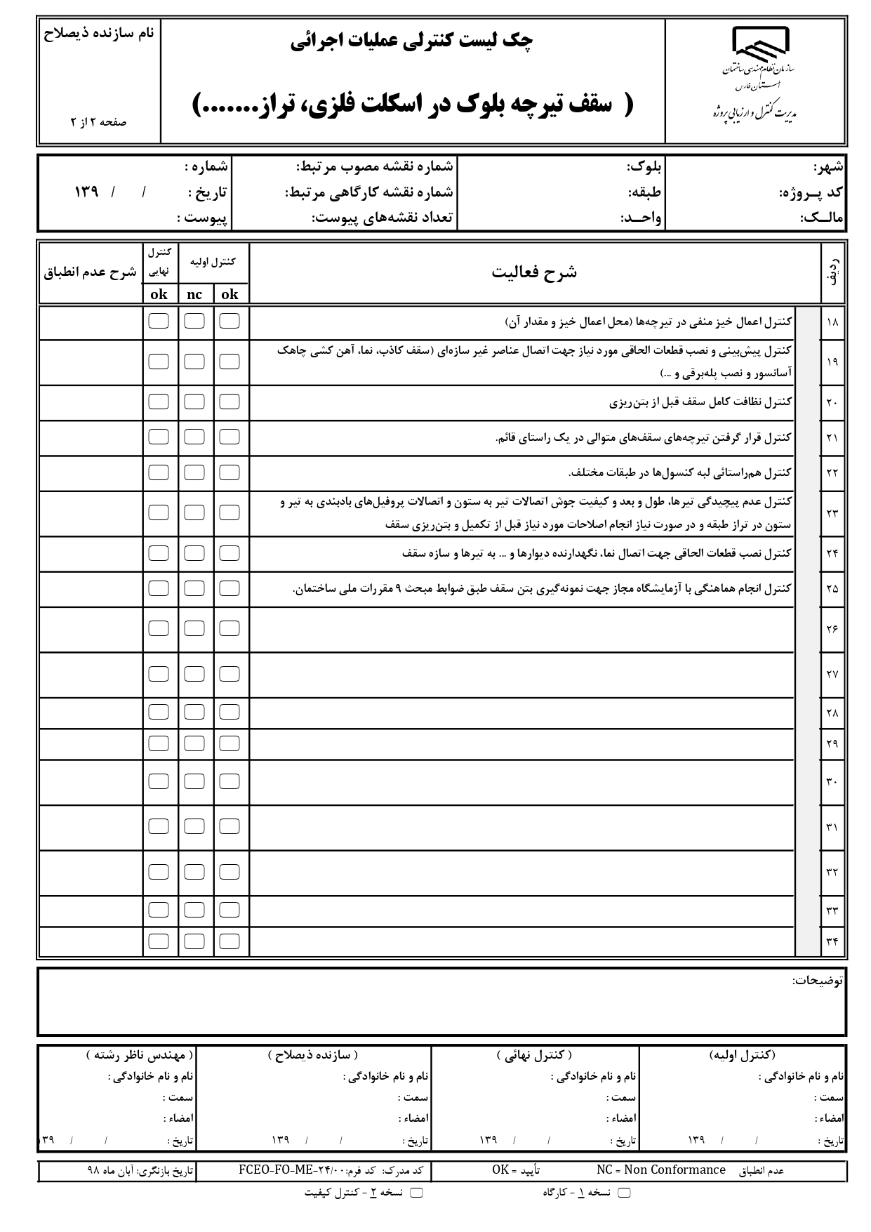 چک لیست کنترل عملیات اجرایی و نظارتی 