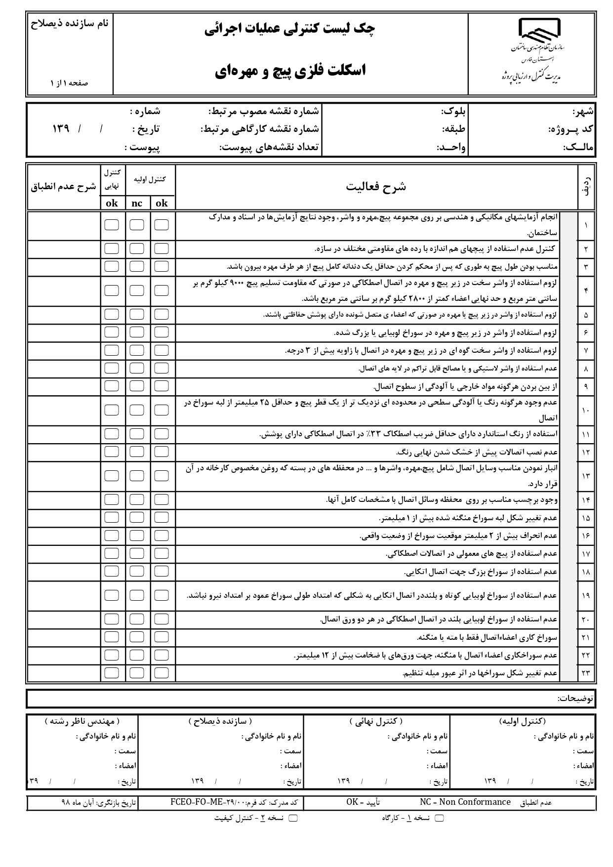 چک لیست کنترل عملیات اجرایی و نظارتی 