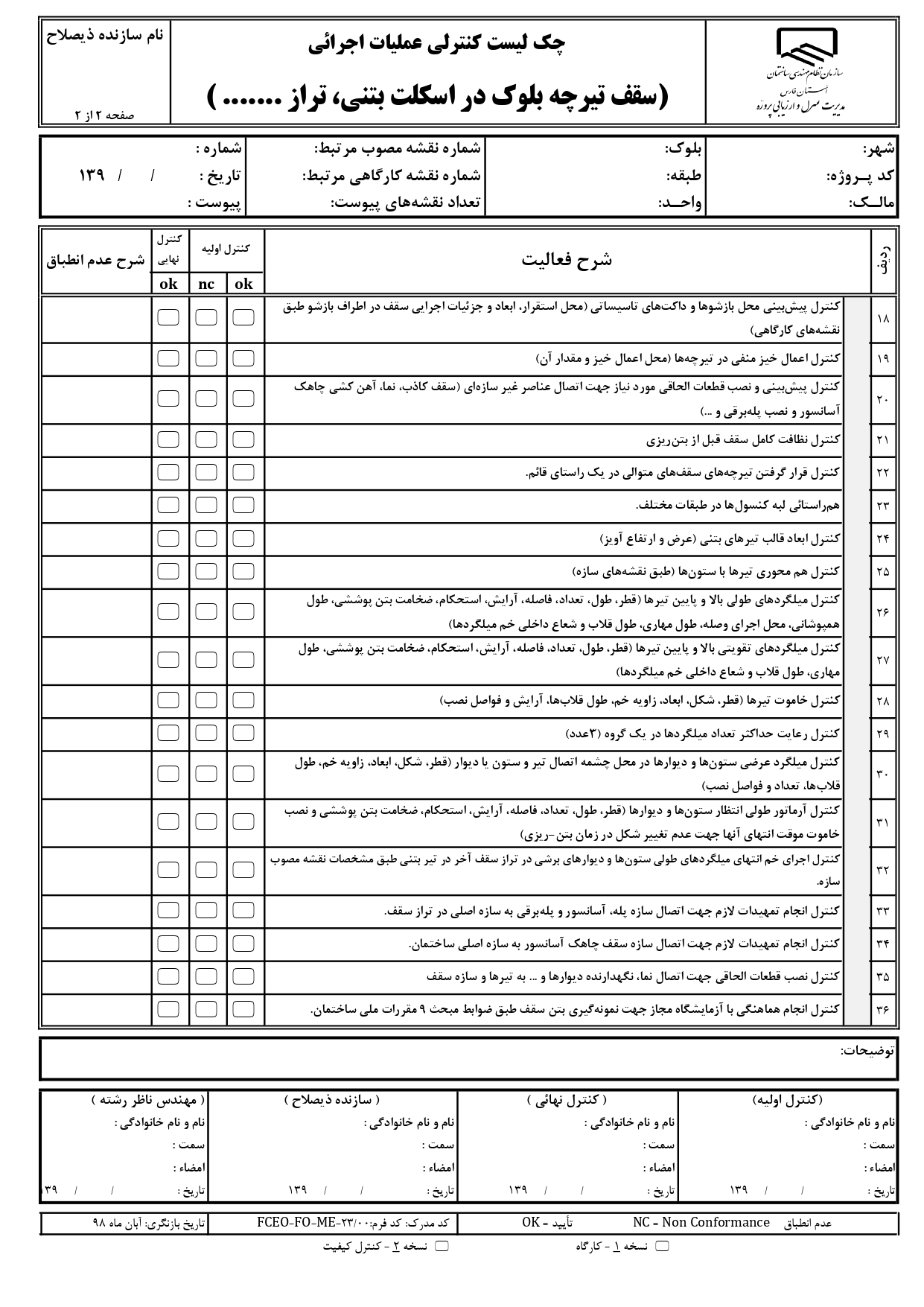 چک لیست کنترل عملیات اجرایی و نظارتی سقف