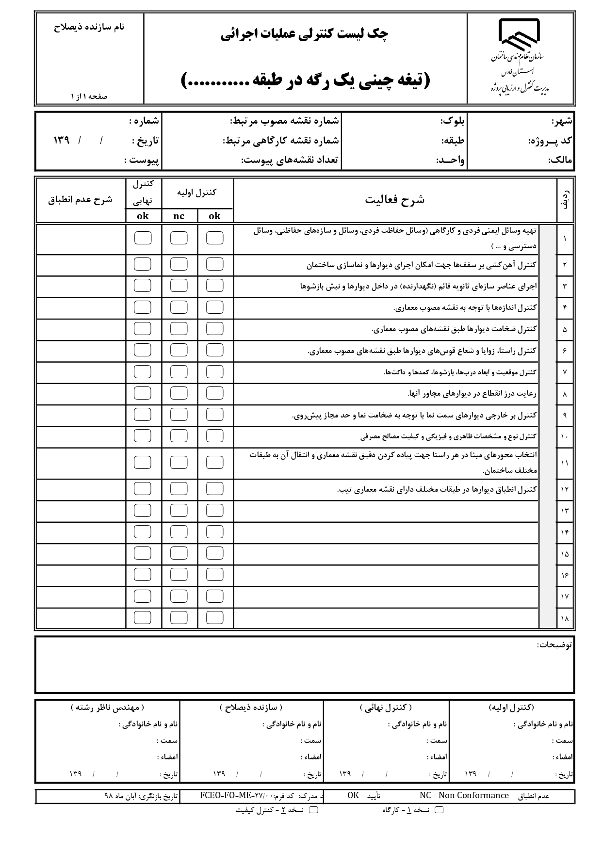 چک لیست کنترل عملیات اجرایی و نظارتی 