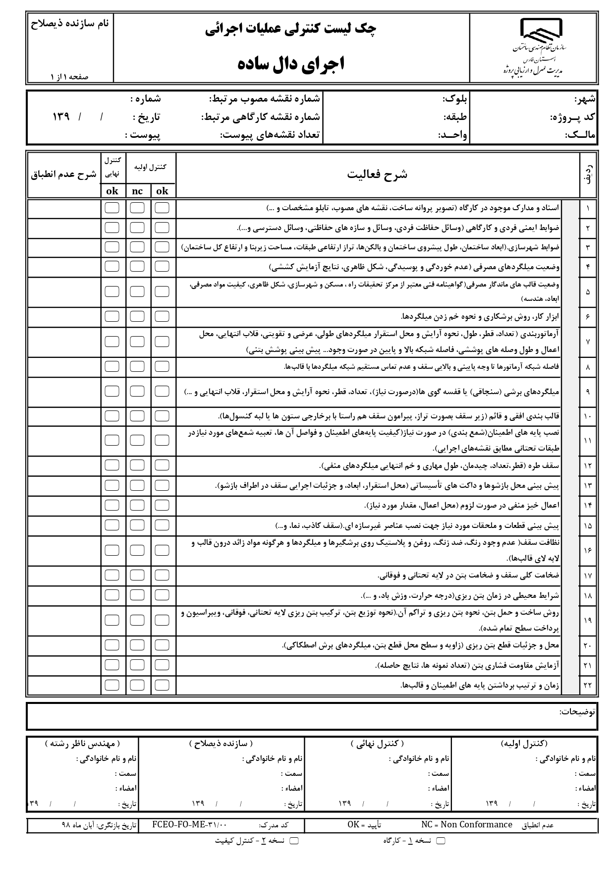 چک لیست کنترل عملیات اجرایی و نظارتی 