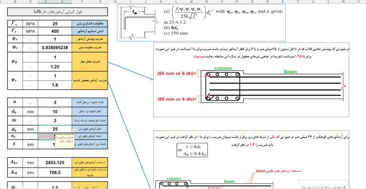 فایل اکسل طول مهاری و همپوشانی آرماتور ها مطابق ACI318-19 