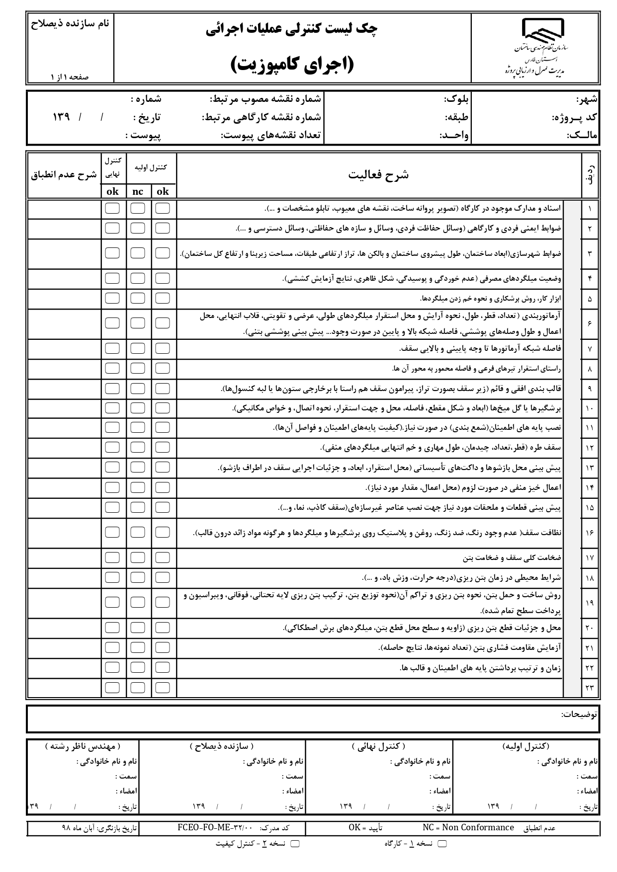 چک لیست کنترل عملیات اجرایی و نظارتی 