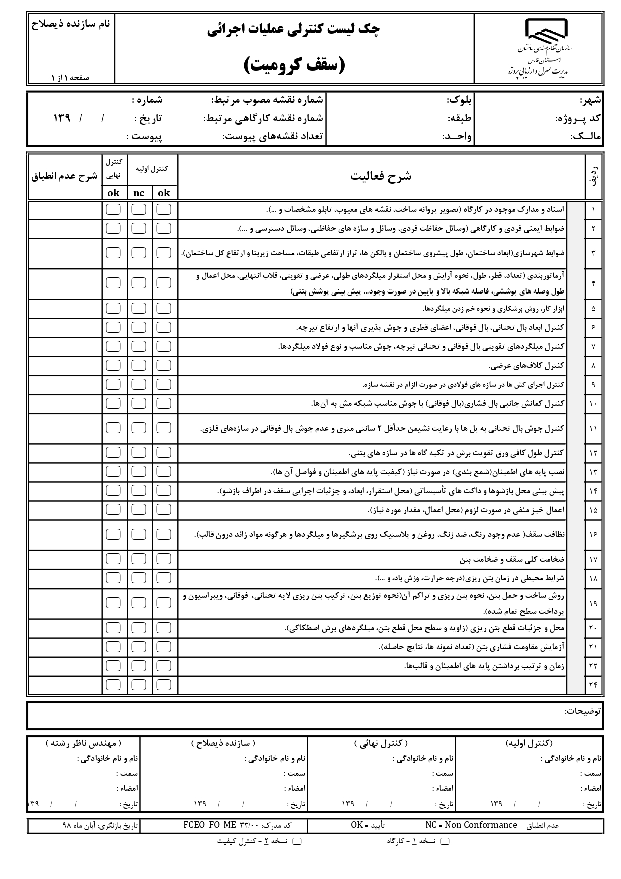 چک لیست کنترل عملیات اجرایی و نظارتی 