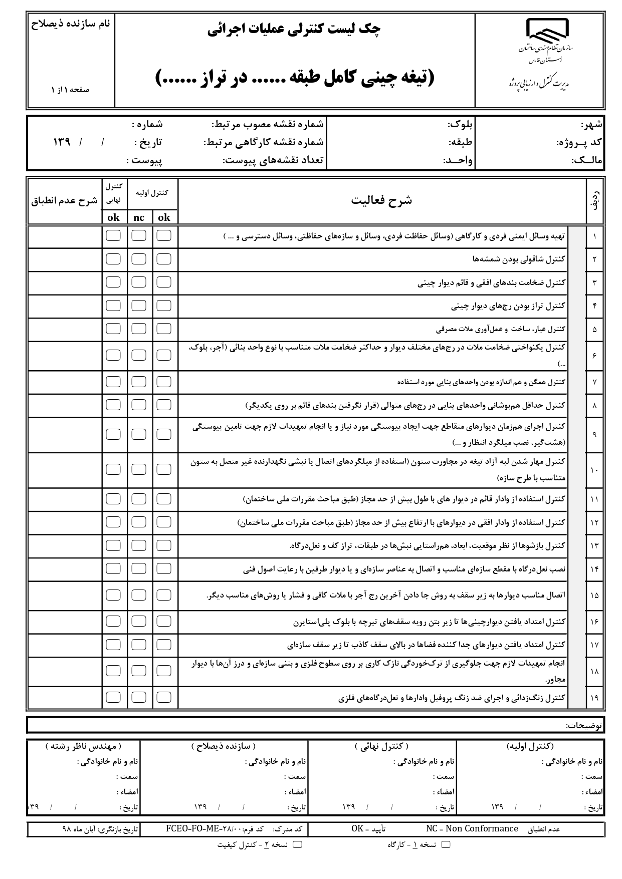 چک لیست کنترل عملیات اجرایی و نظارتی تیغه چینی