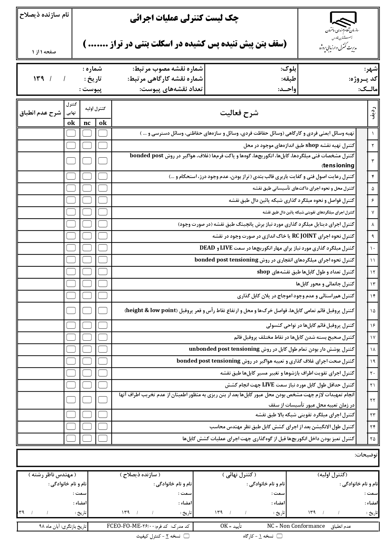 چک لیست کنترل عملیات اجرایی و نظارتی 