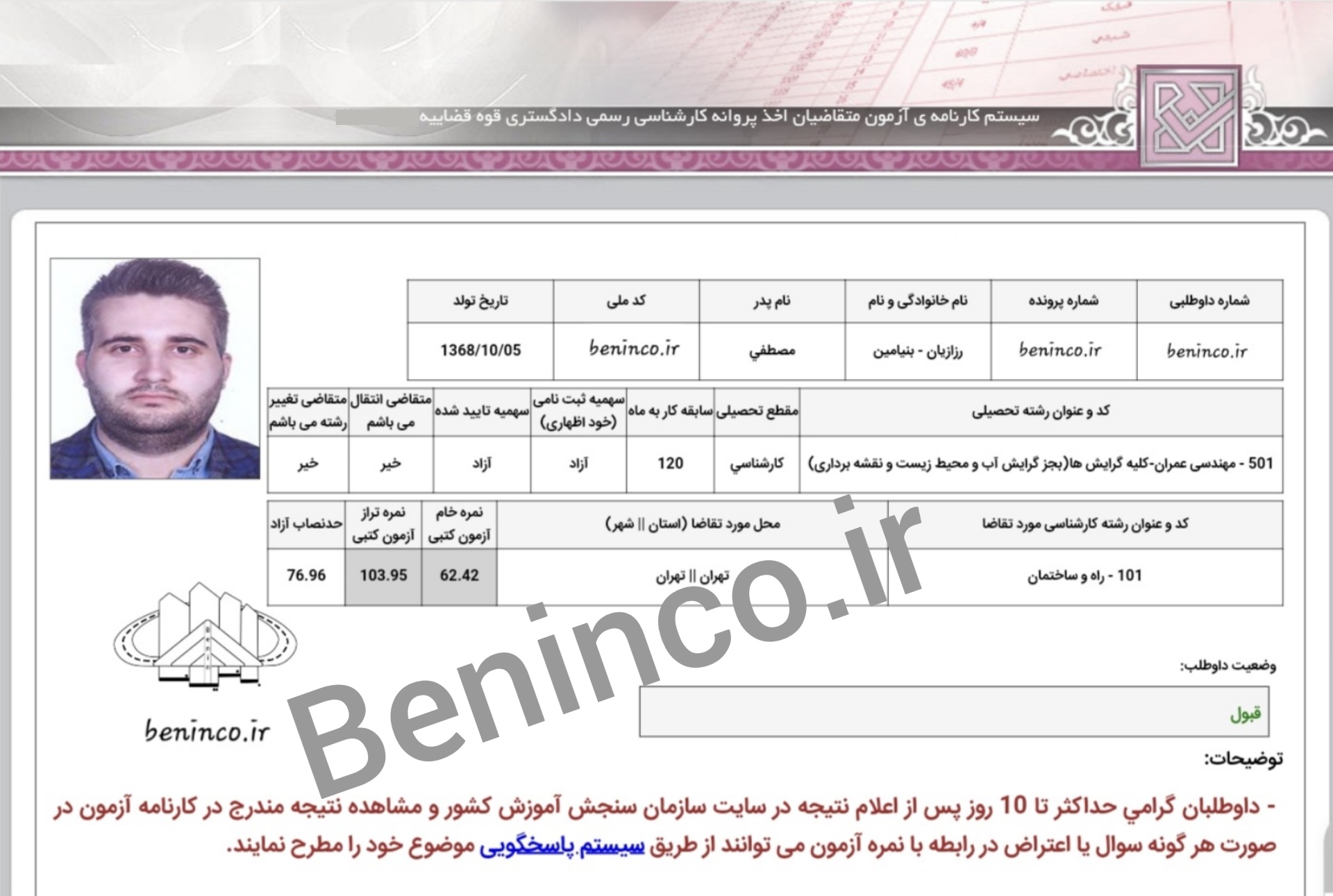 کارنامه قبولی کارشناسی رسمی 