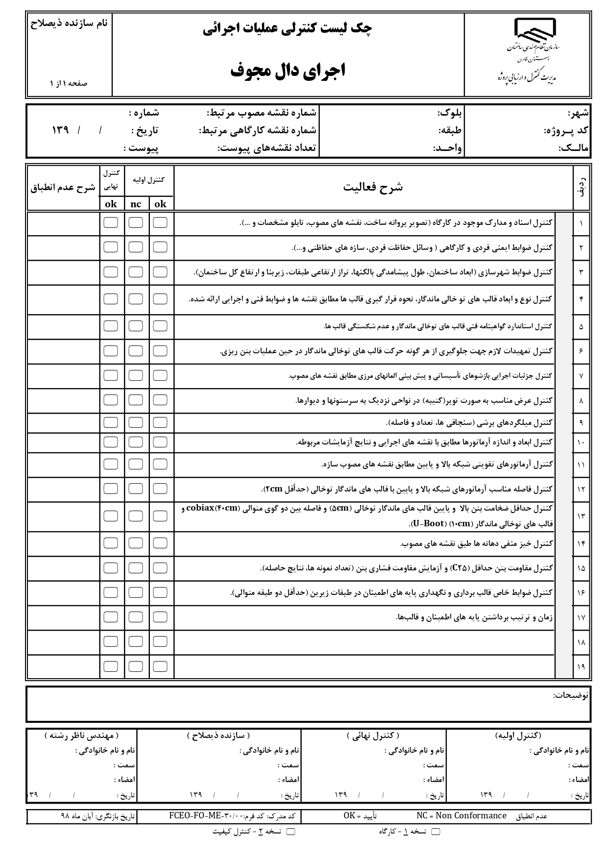 چک لیست کنترل عملیات اجرایی و نظارتی 
