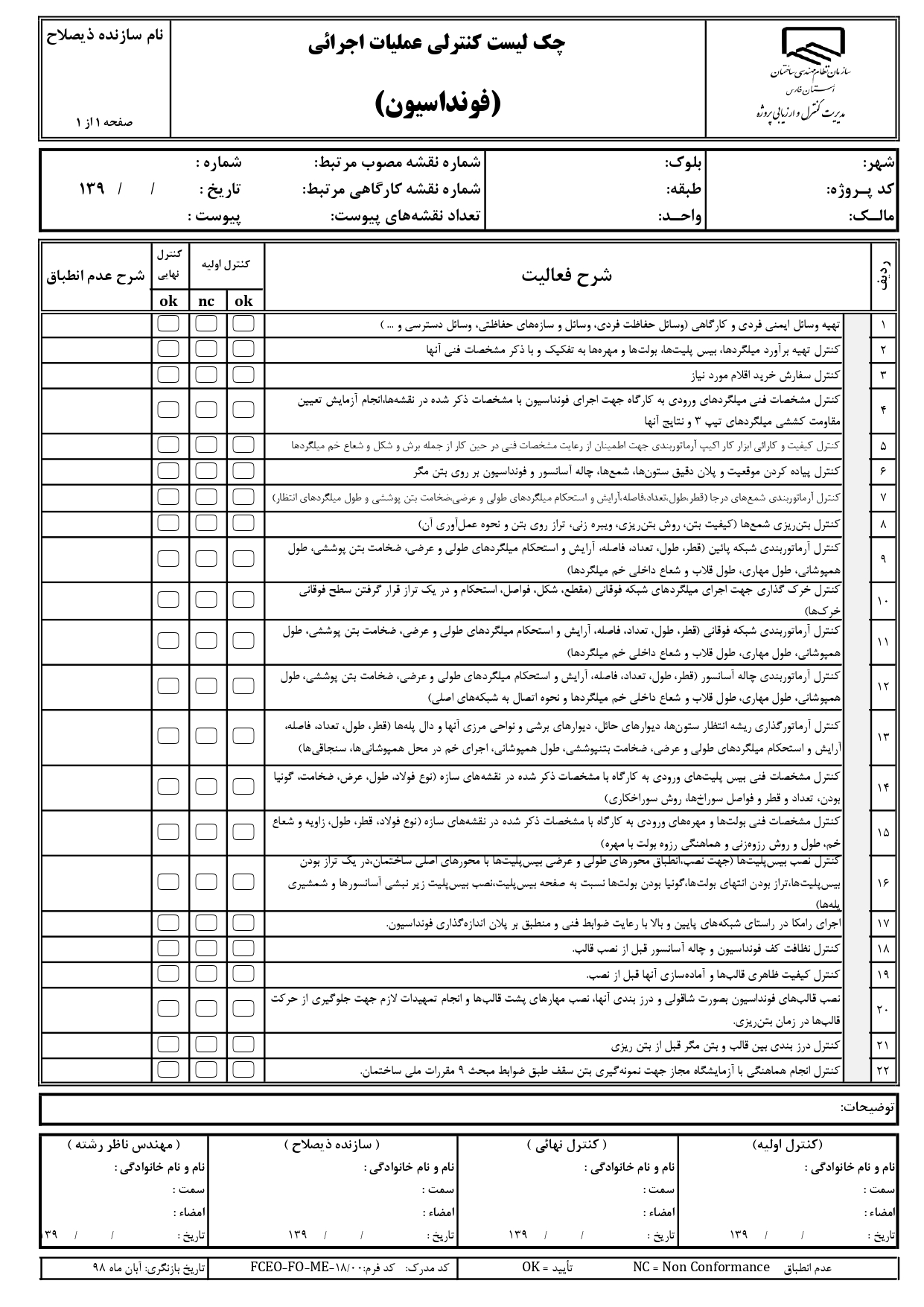 چک لیست کنترل عملیات اجرایی و نظارتی فونداسیون